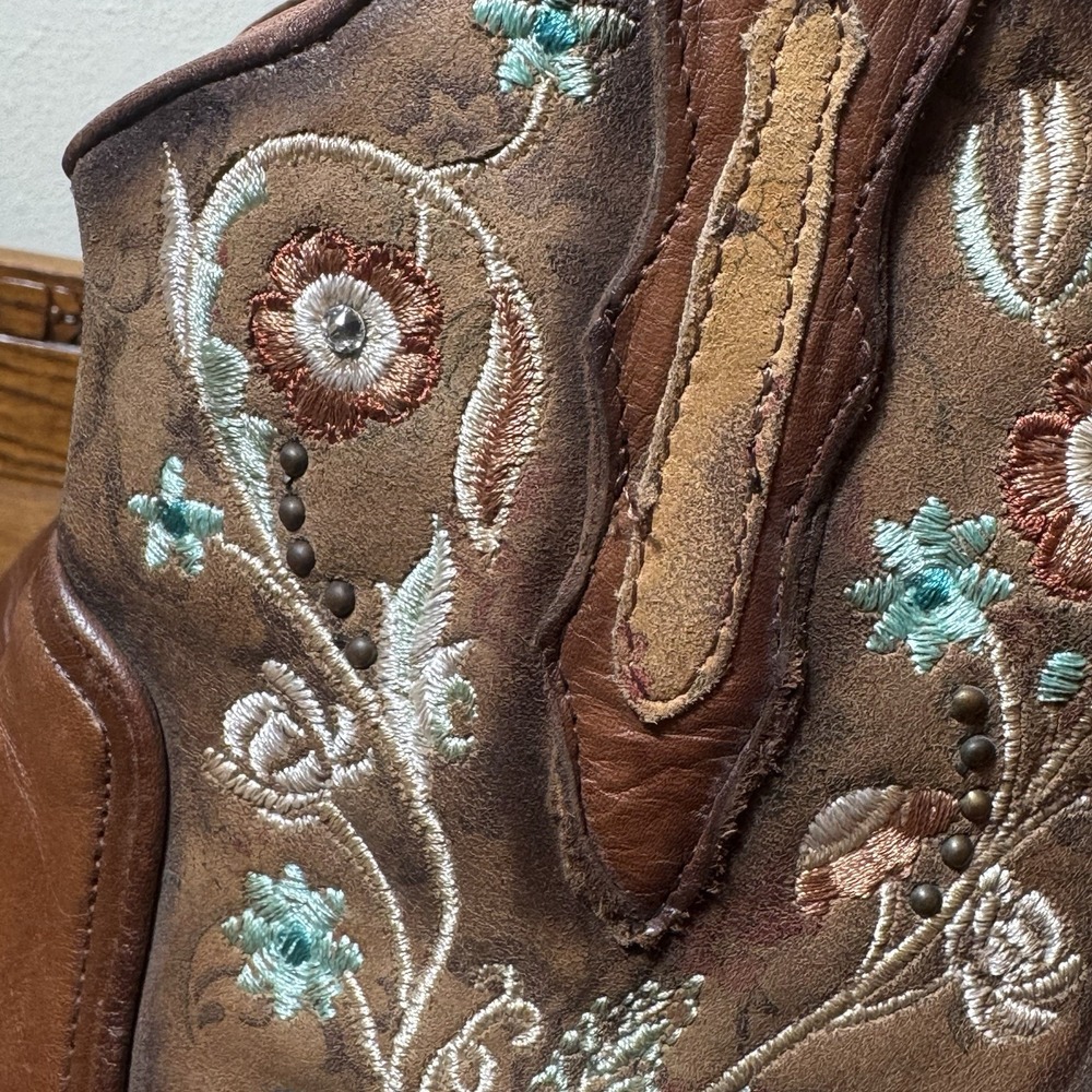 Rio Grande Women's 7.5 Brown Leather Floral Embroidered Western Ankle Boots - Picture 6 of 12